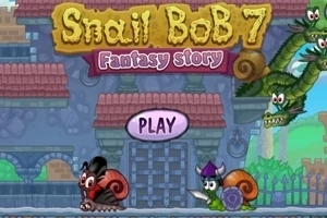 Spelscherm van Snail Bob 7: Fantasy Story met twee cartoon slakken en een speelknop