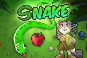 Cartoonafbeelding van een slang, een appeltje, en een vriendelijk uitziende kat verkleed als avonturier met een vangnet, met het woord SNAKE prominent weergegeven