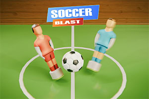Twee speelgoedspelers in rood en blauw op een groen veld met een zwart-witte bal en een kleurrijk bord