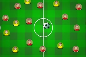 Animatie van een voetbalveld met twee teams van cartoon spelers en een voetbal in het midden