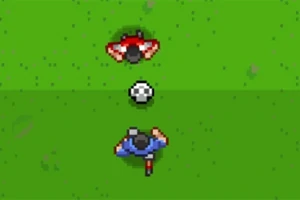 Pixelkunst van voetballende spelers en een voetbal op een groen veld