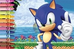 Sonic the Hedgehog staat met een opgestoken vinger voor een kleurrijke achtergrond met gestapelde boeken en bloemen