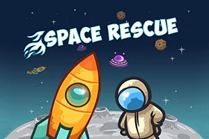 Cartoon astronaut naast een kleurrijke raket op de maan met de tekst Space Rescue in een ruimtethema