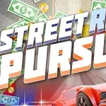 Kleurrijke promotieafbeelding voor het videospel Street Race Pursuit met een rode sportauto en geldsymbolen