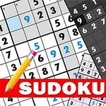 Verschillende sudoku puzzels met een potlood, in kleur en zwart-wit, met het woord SUDOKU in grote letters