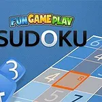 Sudoku spelbord met cijfers en logo Fun Game Play Sudoku