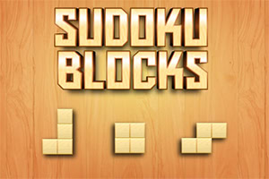 De afbeelding toont de tekst Sudoku Blocks boven drie verschillende blokvormen op een houten achtergrond