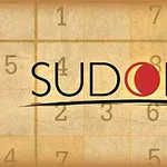 Sudoku logo met rood accent op een achtergrond van een Sudoku puzzel