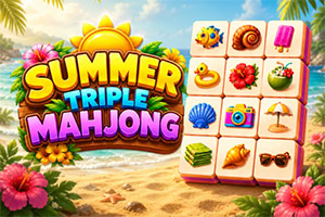Kleurrijk tropisch strand met het logo Summer Triple Mahjong, omringd door mahjongtegels met zomerse symbolen en hibiscusbloemen