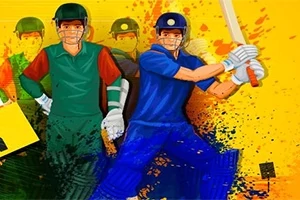 Kleurrijke illustratie van een cricketbatsman in blauw en een wicketkeeper in groen tegen een levendige gele achtergrond