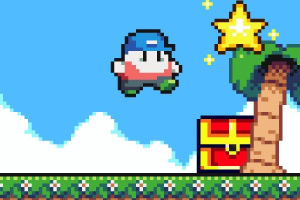 Pixelart van een videogamekarakter dat een ster verzamelt bij een palmboom en een schatkist op een grasveld met bloemen