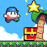 Pixelart van een videogamekarakter dat een ster verzamelt bij een palmboom en een schatkist op een grasveld met bloemen