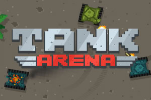 Pixelachtige tanks rondom het logo Tank Arena op een zanderige achtergrond in een gameachtige stijl