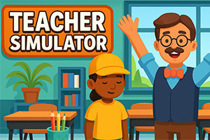 Cartoon van een klaslokaal met een vrolijke leraar met opgeheven armen, een leerling met gele pet en de tekst Teacher Simulator