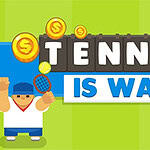 illustratie van een cartoon-tennisspeler met een racket en gouden munten op een groene achtergrond met tekst