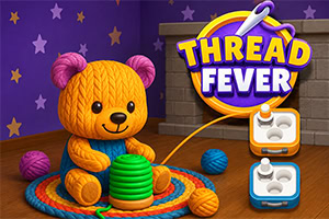 Getekende teddybeer met breiwerk, kleurrijke wolbollen en het logo Thread Fever op een paarse achtergrond