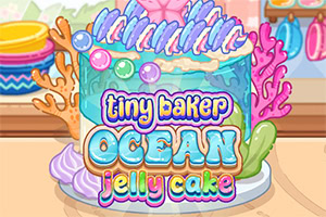 Kleurrijke oceaan-thema jellycake met turquoise glazuur, roze koraal, schelpenversiering en pastelregenboogdecoratie