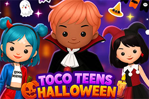 Drie cartoonkinderen in Halloweenkostuums met een pompoen, spookje en heksenhoed op een paarse achtergrond