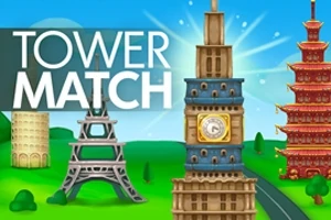 Spelbanner van Tower Match met afbeeldingen van de Eiffeltoren, Big Ben en een Aziatische pagode op een groene achtergrond