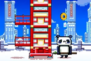 Pixelkunst van een panda naast een rood-gele toren in een futuristische stad