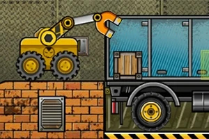 Truck Loader 4 Gele graafmachine laadt dozen in een vrachtwagen in een industrieel magazijn