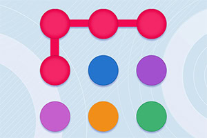 Abstracte afbeelding van een rood netwerkdiagram en gekleurde cirkels op een blauwe geometrische achtergrond