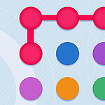 Abstracte afbeelding van een rood netwerkdiagram en gekleurde cirkels op een blauwe geometrische achtergrond