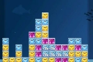 Vrolijk gekleurde blokken gestapeld in een Tetris-achtig spel met puntenaanduiding