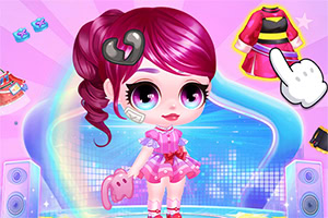 Schattig cartoonmeisje met roze haar op een kleurrijk podium, met kledingkeuze en een wijzende hand