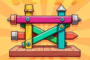 Kleurrijke, cartoonachtige houten stelling met pijlen in een puzzelspel