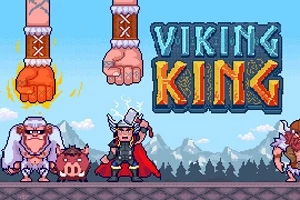 Pixelart van een videogame met Viking-thema, met twee Viking-karakters en een varken, met de tekst Viking King