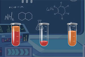Drie reageerbuizen met gekleurde vloeistoffen voor een schoolbord met chemische formules