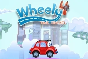 Rode cartoonauto bij het logo van Wheely 4 Time Travel met een stadsachtergrond en zwevende platforms