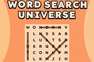 Oranje affiche met de tekst Word Search Universe boven een woordzoekerpuzzel met gemarkeerde woorden