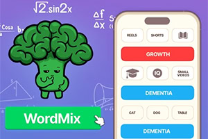 Cartoonachtige groene broccoli met gezicht naast een smartphone-interface met kleurrijke knoppen op een paarse achtergrond met wiskundige formules