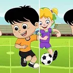 Animatie van kinderen die voetballen op een grasveld