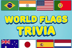 Afbeelding met World Flags Trivia in gele tekst op een blauwe achtergrond, omringd door vlaggen van verschillende landen waaronder Brazilië, India, de Verenigde Staten, Portugal, Australië, Japan, Spanje en Nederland