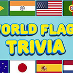 World Flags Trivia Afbeelding met World Flags Trivia in gele tekst op een blauwe achtergrond, omringd door vlaggen van verschillende landen waaronder Brazilië, India, de Verenigde Staten, Portugal, Australië, Japan, Spanje en Nederland