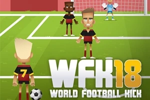 Cartoon afbeelding van een voetbalwedstrijd met geanimeerde spelers en het logo WFK18 World Football Kick