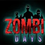 Silhouetten van zombies tegen een donkere achtergrond met de tekst Zombie Days in rode, bloederige letters